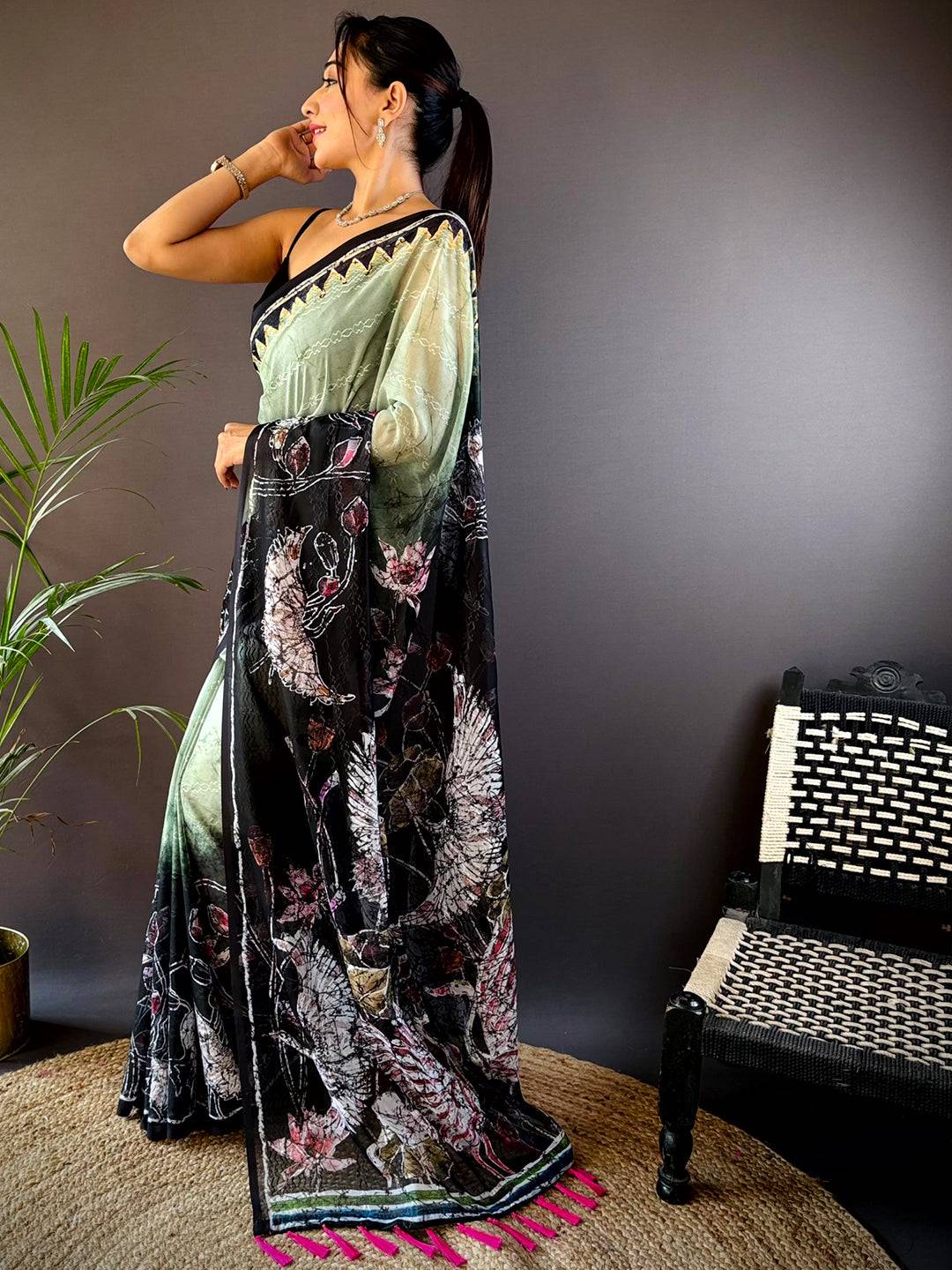 Green Georgette Batik Printed Saree