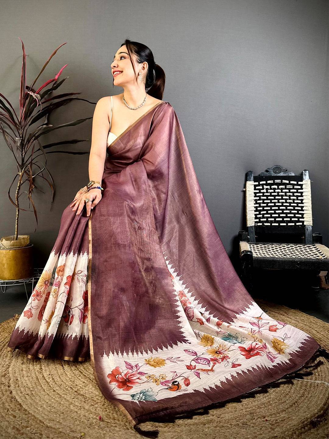 Wine Floral Ikat Linen Chanderi Saree