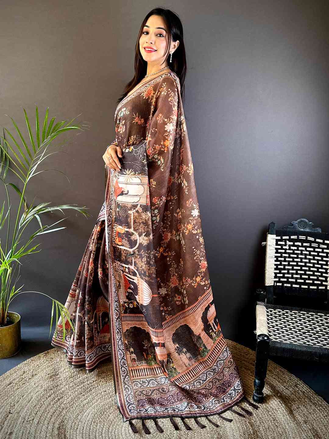 Coffee Brown Tissue Chanderi Kalamkari Handprint Saree
