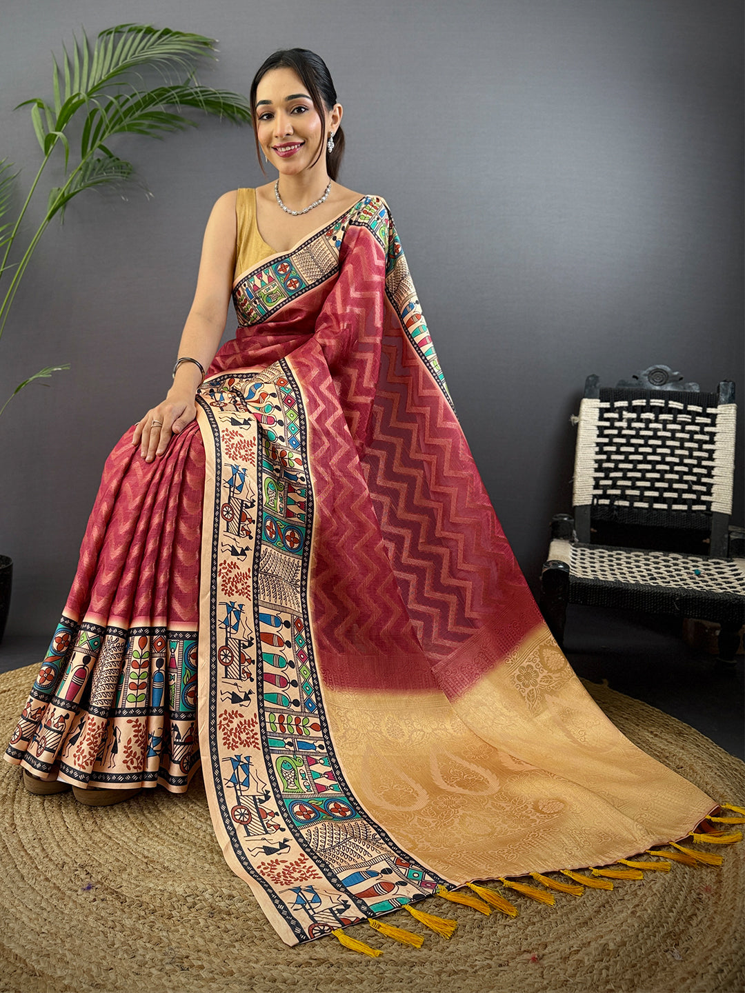 Blush Red Madhubani Print Soft Silk Saree
