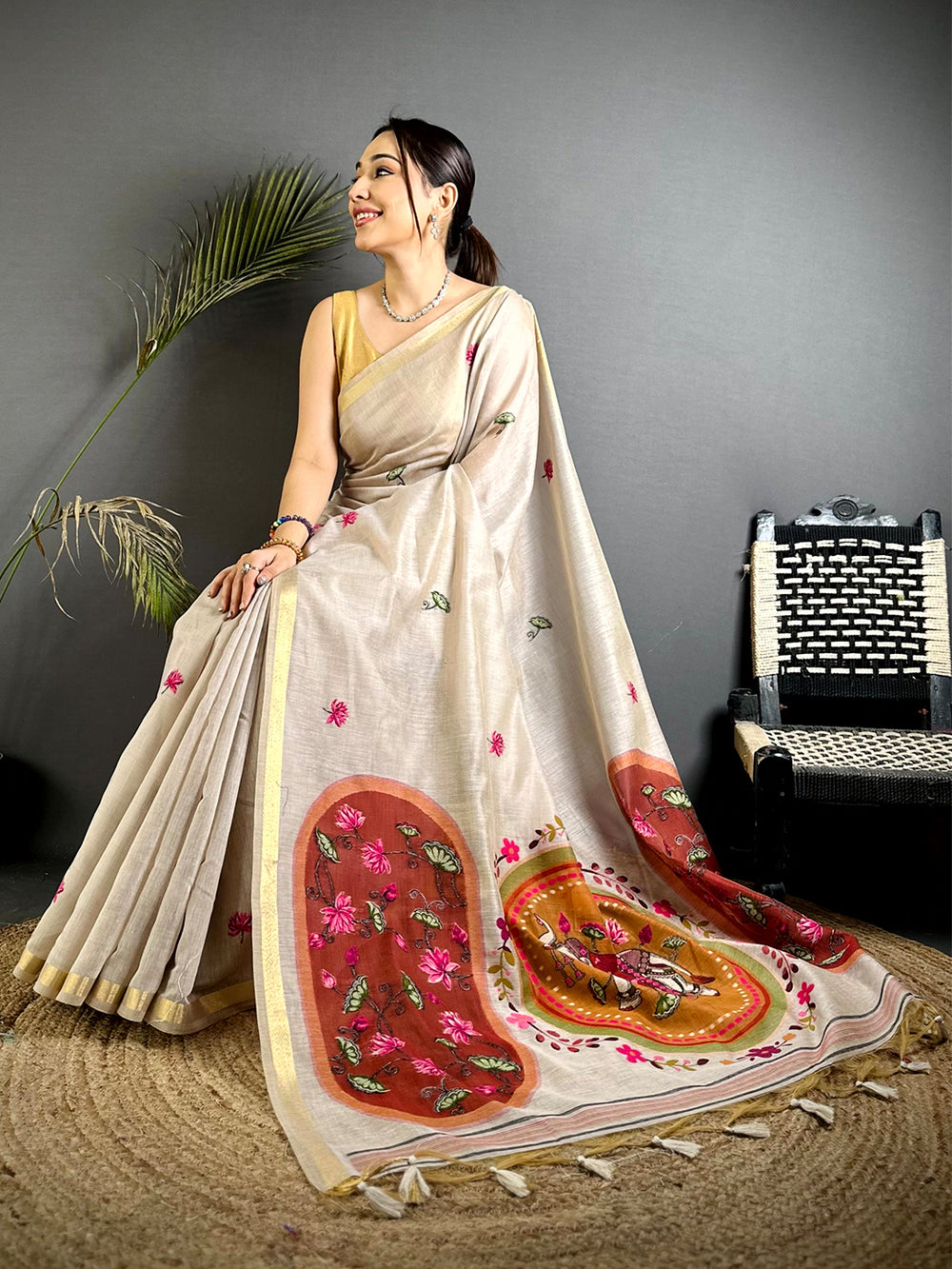 Elegant Pichwai Resham Work Linen Saree