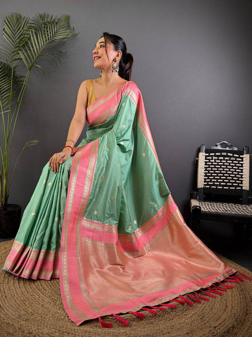 Pista Soft Silk Floral Butta Saree
