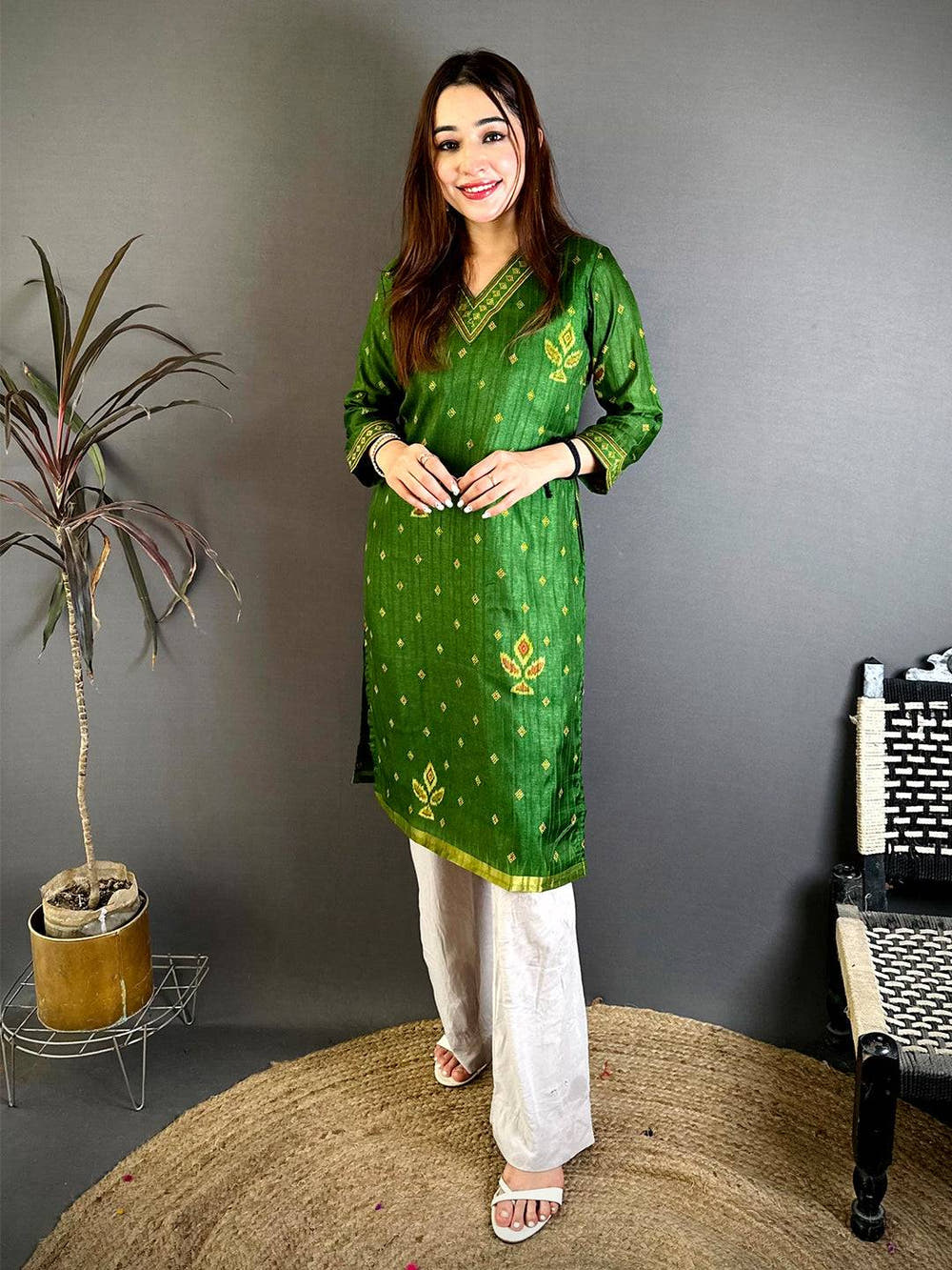 Graceful V Neck Tussar Ghicha Ethnic Kurti