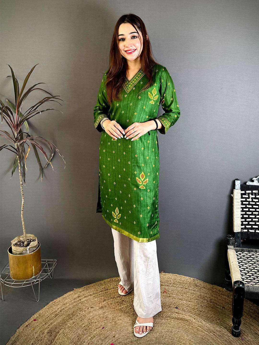 Graceful V Neck Tussar Ghicha Ethnic Kurti