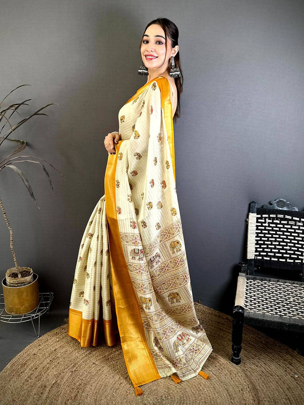Stylish Ajrakh Block Kalamkari Dola Saree