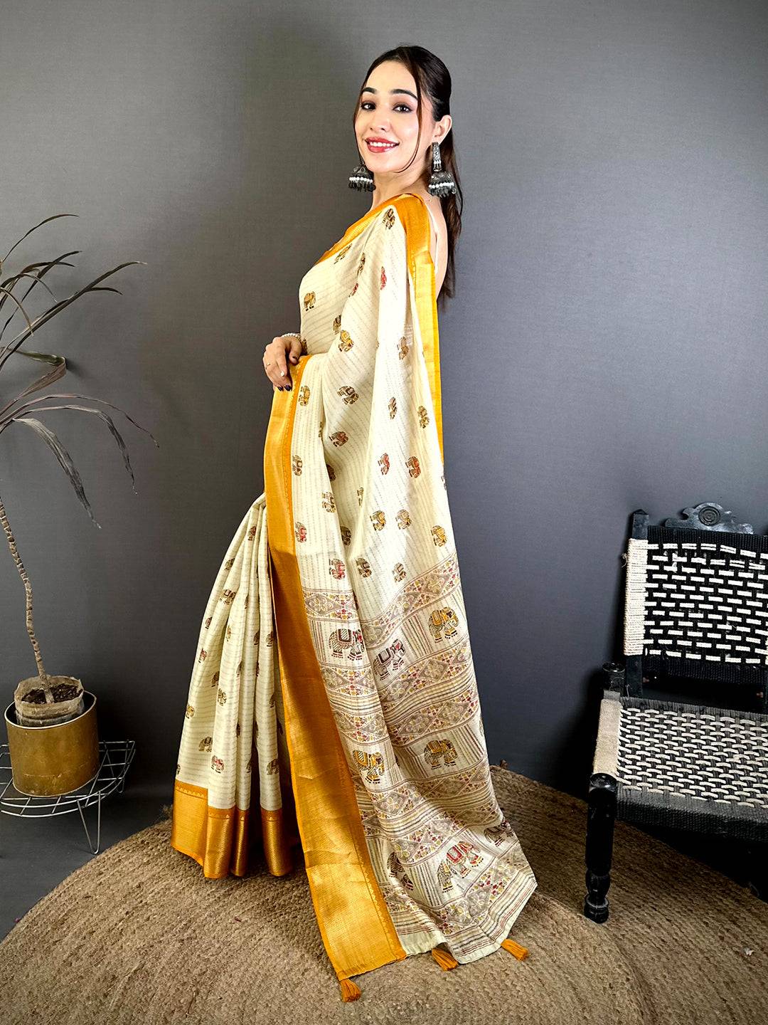 Stylish Ajrakh Block Kalamkari Dola Saree