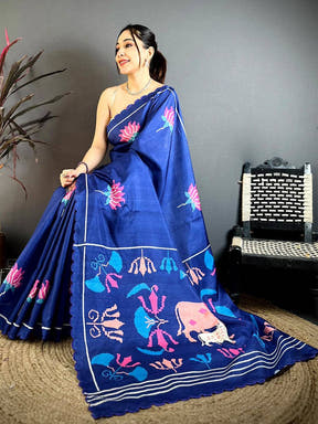 Regal Navy Tussar Thread Cut Work Saree