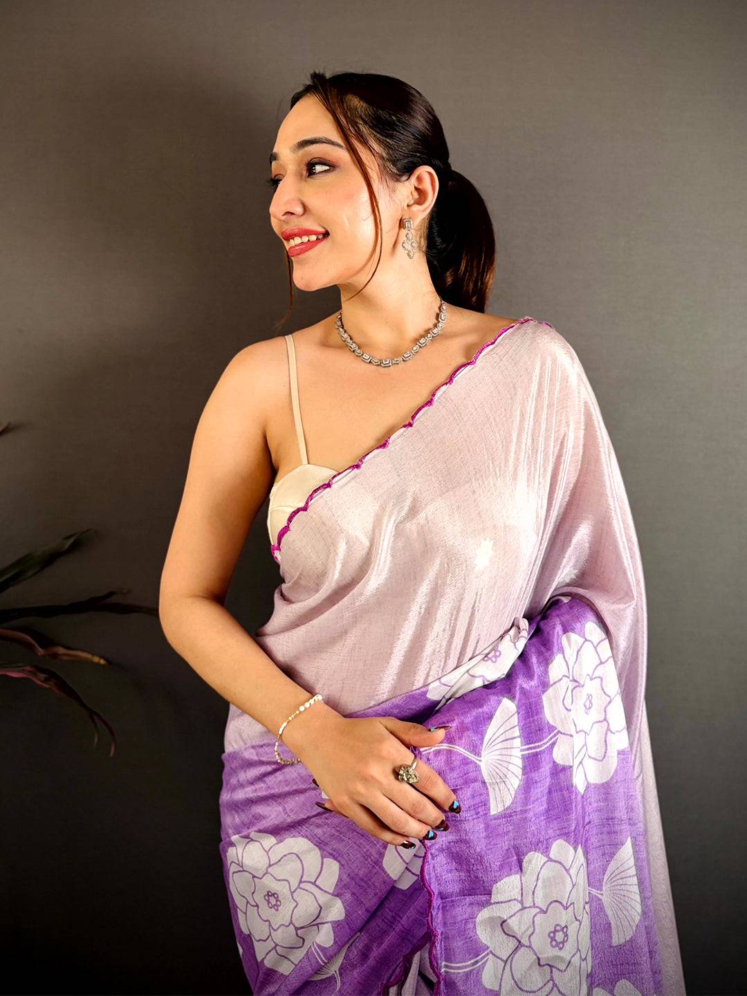 Classic Floral Print Embroidered Chinnon Saree