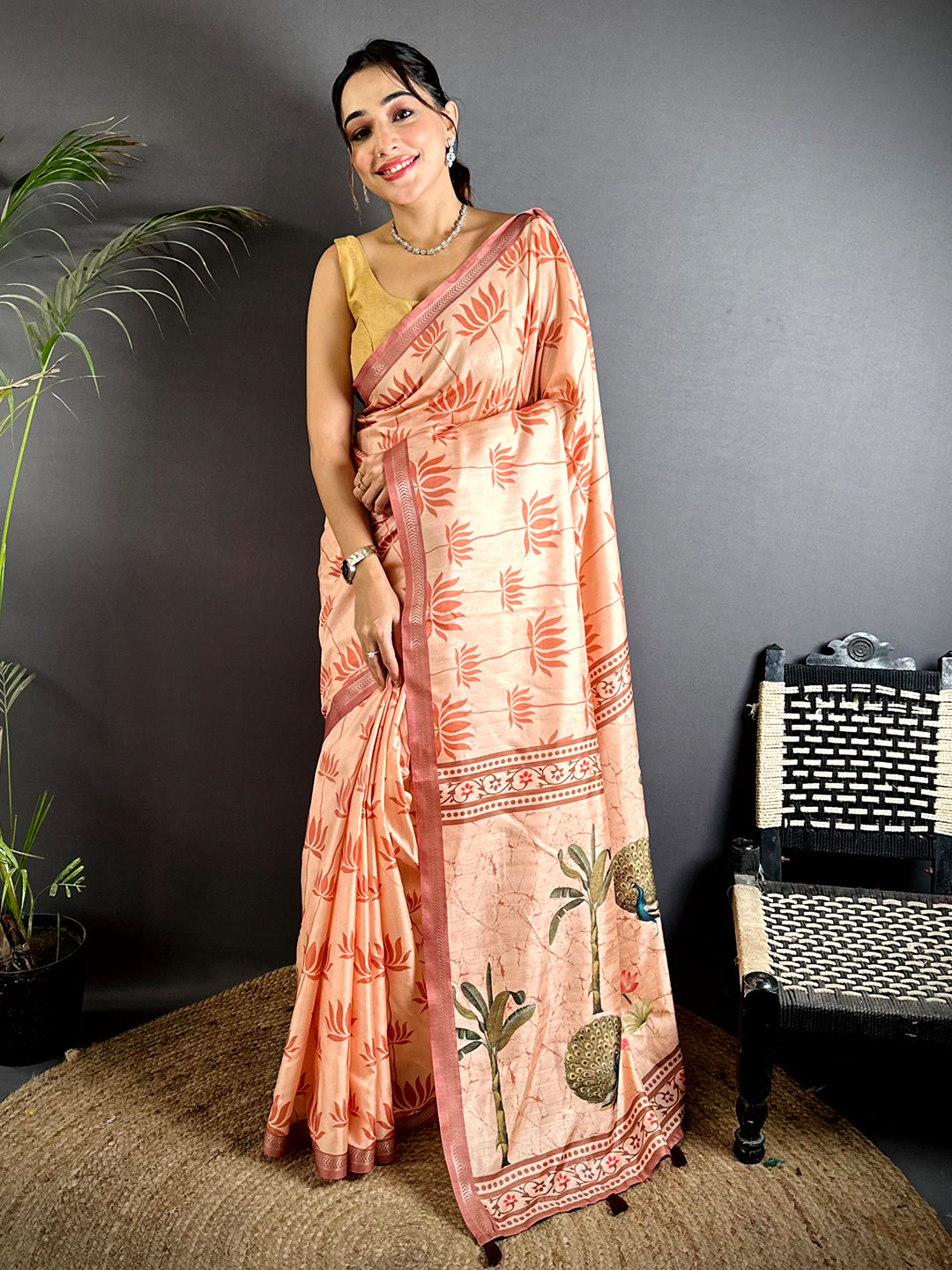 Peach Tussar Ghicha Pichwai Fusion Saree