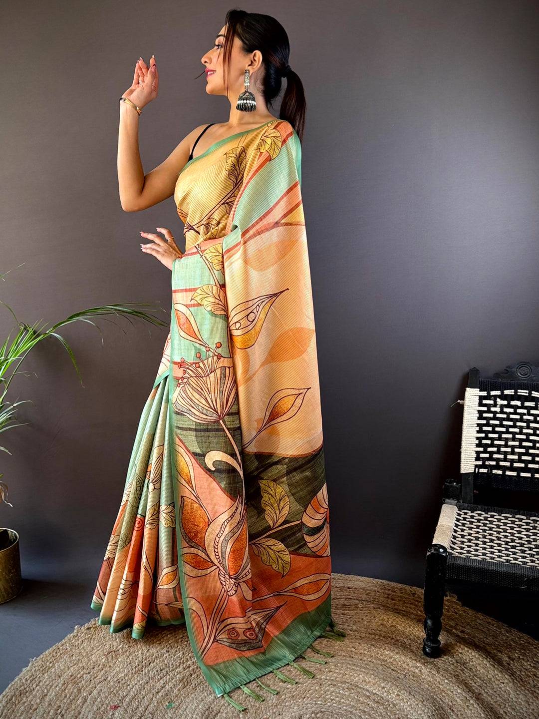 Jade Green Zari Tussar Printed Saree

