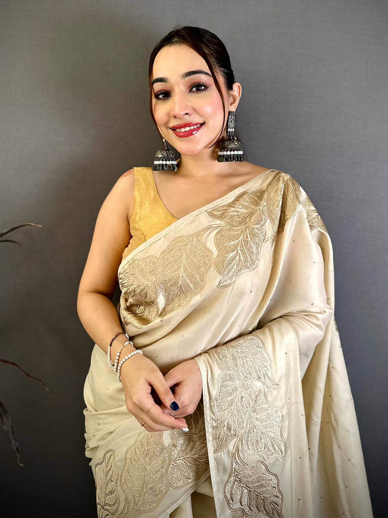 White Soft Cherry Satin Zari Embroidery Saree