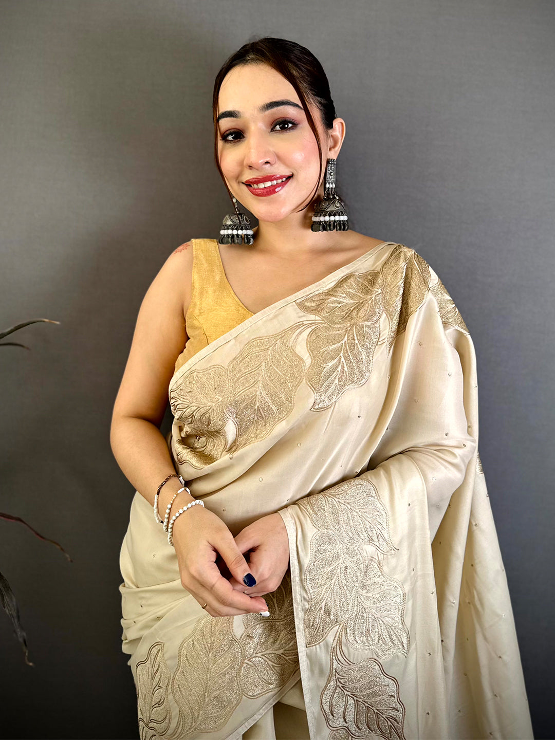 White Soft Cherry Satin Zari Embroidery Saree