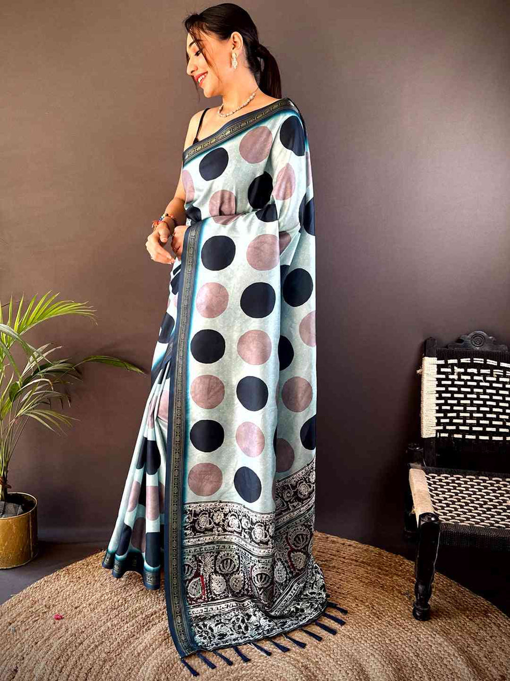 Sky Blue Soft Silk Polka Dot Print Saree