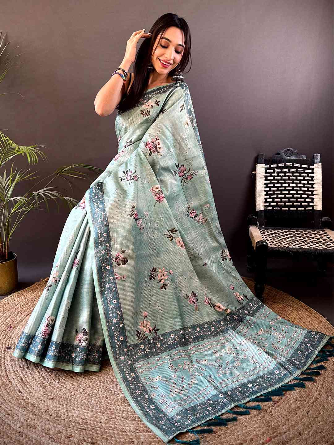 Pastel Green Zari Tussar Floral Print Saree