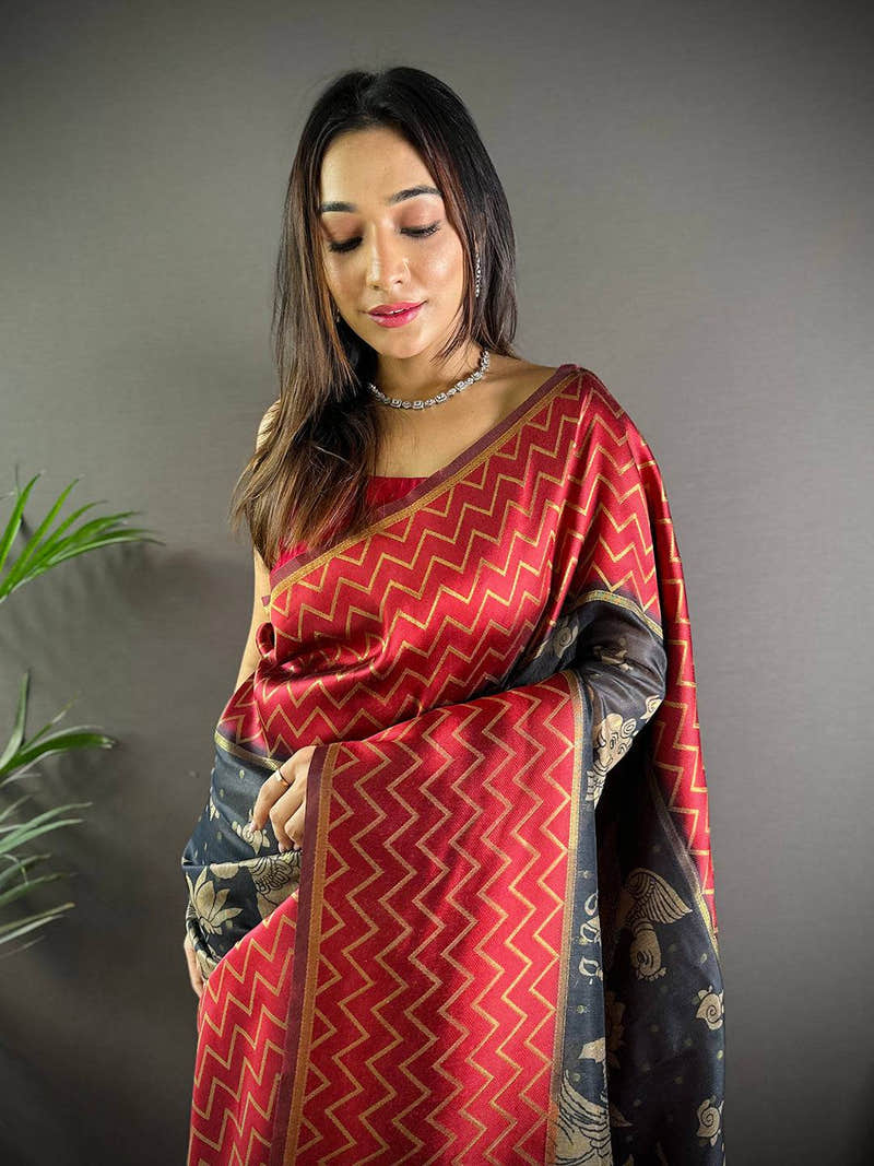 Red Heritage Weave Kalamkari Soft Silk Saree
