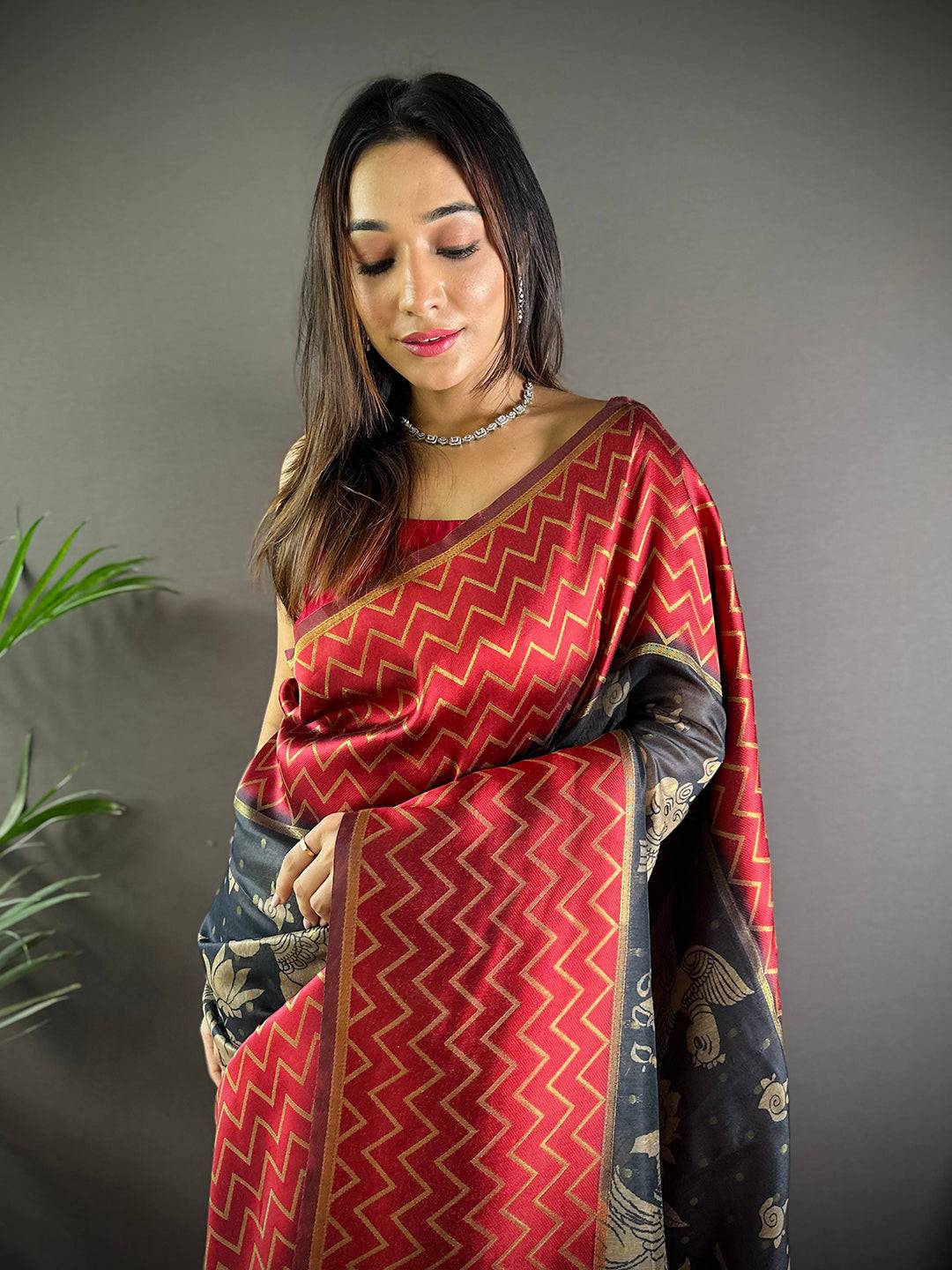 Red Heritage Weave Kalamkari Soft Silk Saree