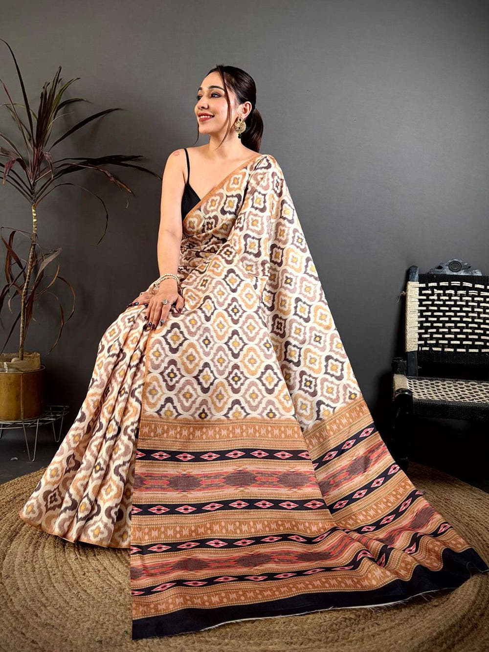 Soft Tussar Ajrakh Bagru Hand Block Print Saree
