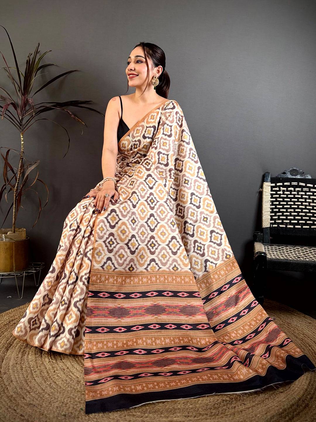 Soft Tussar Ajrakh Bagru Hand Block Print Saree