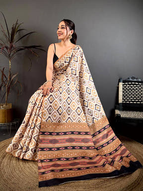 Soft Tussar Ajrakh Bagru Hand Block Print Saree