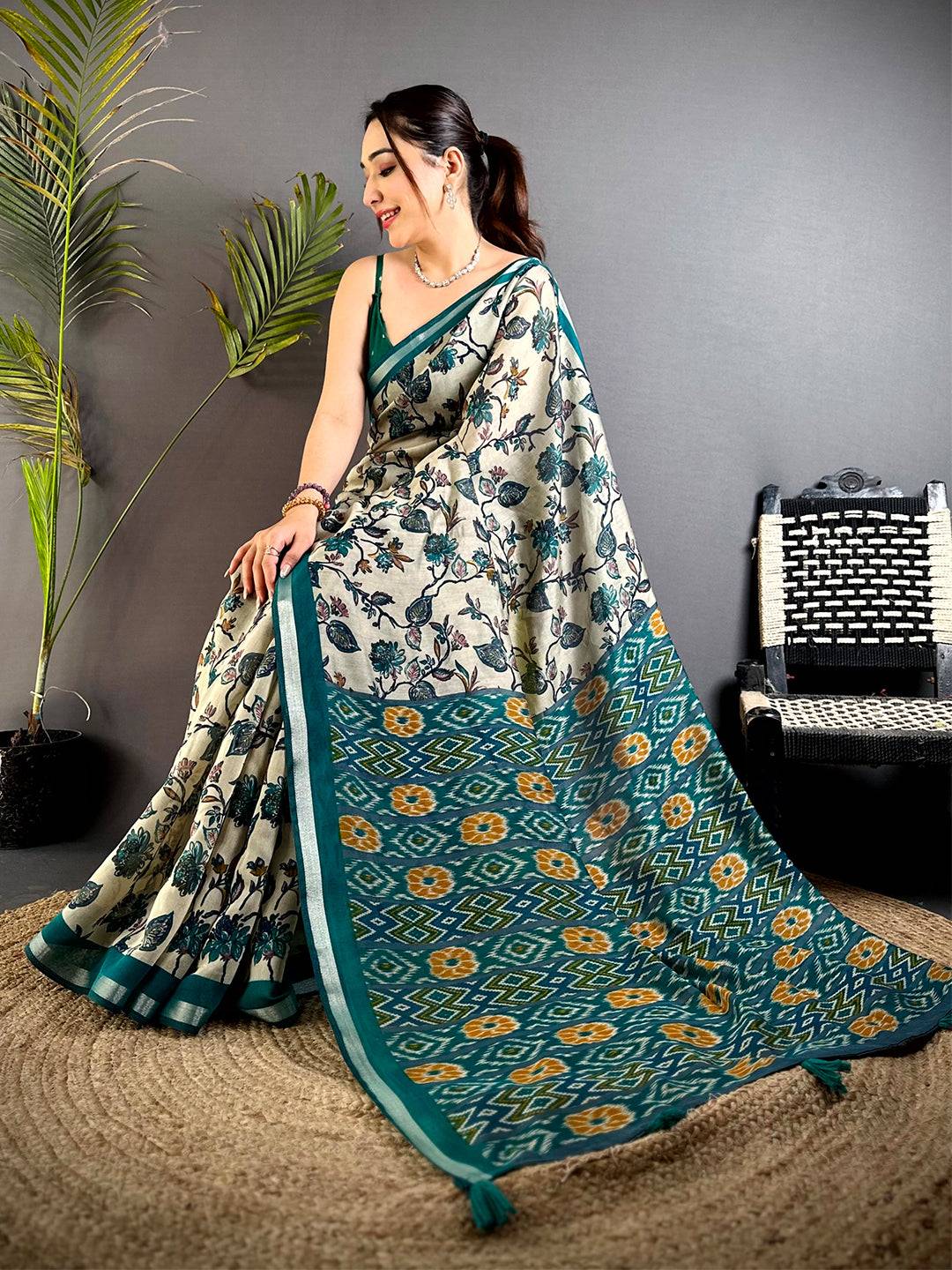 Rama Floral Phulkari Mul Cotton Saree
