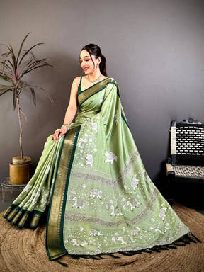 Pista Soft Dola Block Kalamkari Zari Saree