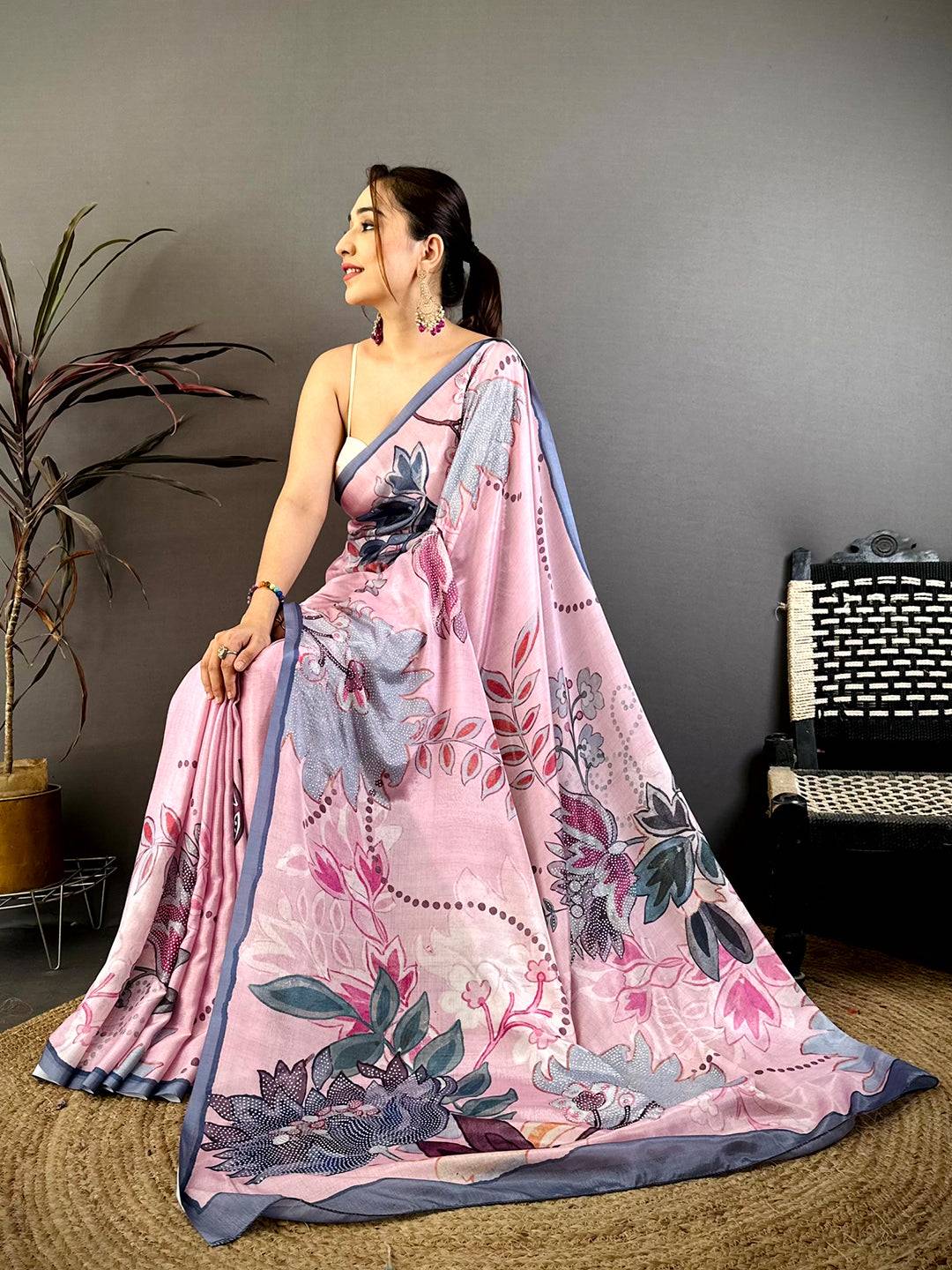 Pastel Pink Stone Work Floral Chinnon Saree
