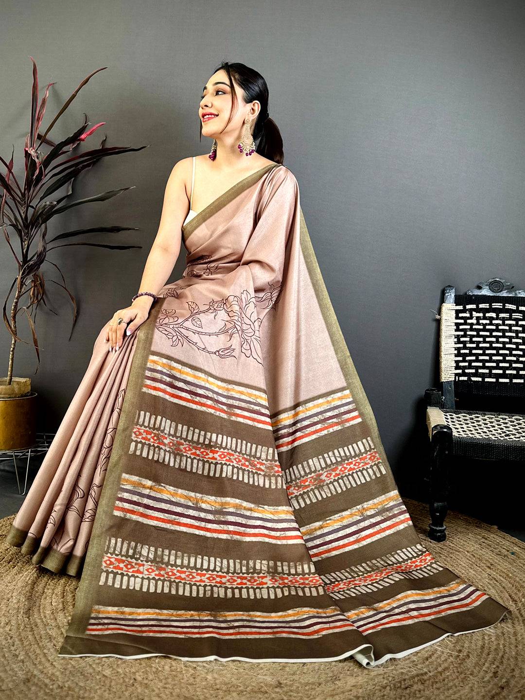 Classic Floral Block Print Tussar Saree