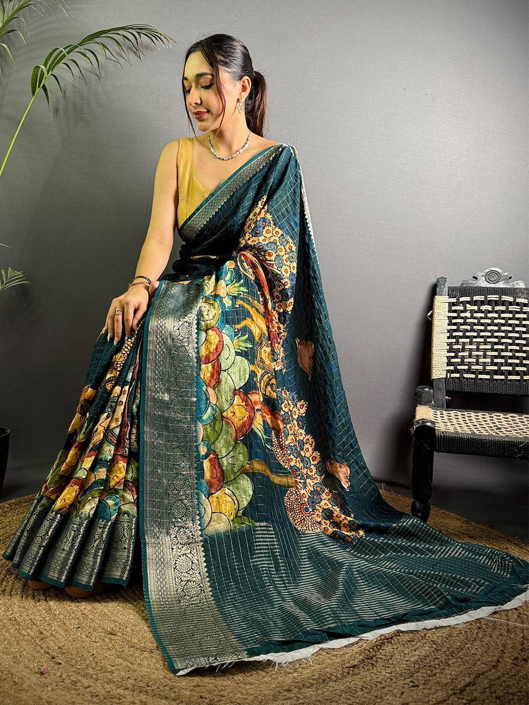 Green Pure Viscose Kalalmkari Print Saree

