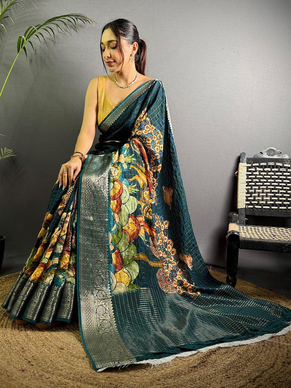 Green Pure Viscose Kalalmkari Print Saree