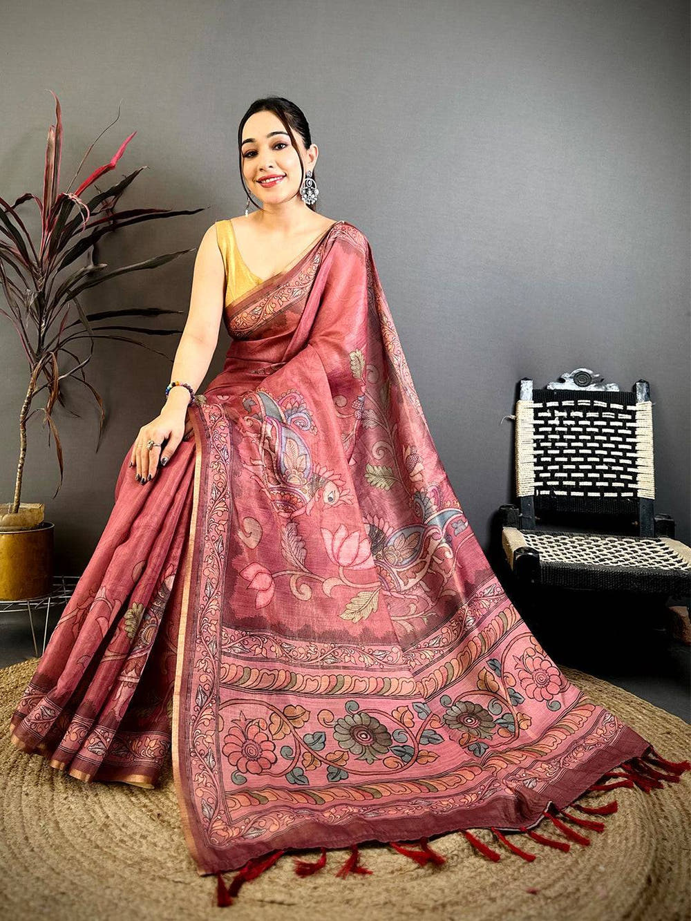 Rose Pink Vintage Pen Kalamkari Chanderi Saree
