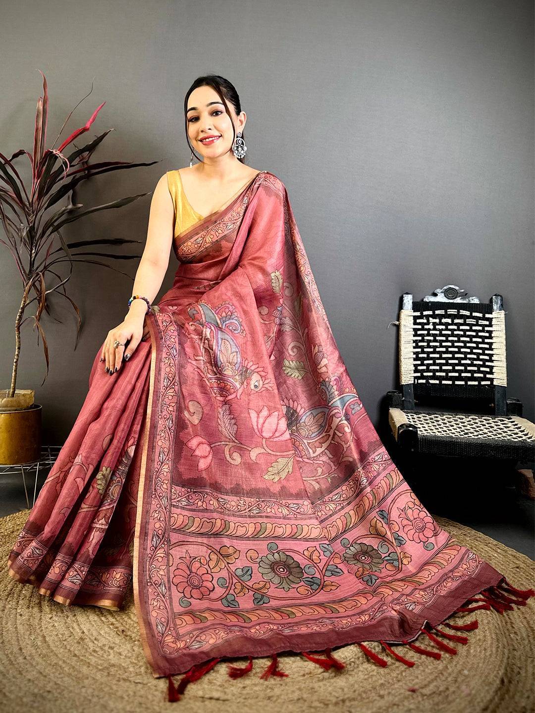Rose Pink Vintage Pen Kalamkari Chanderi Saree
