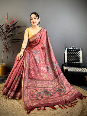 Rose Pink Vintage Pen Kalamkari Chanderi Saree