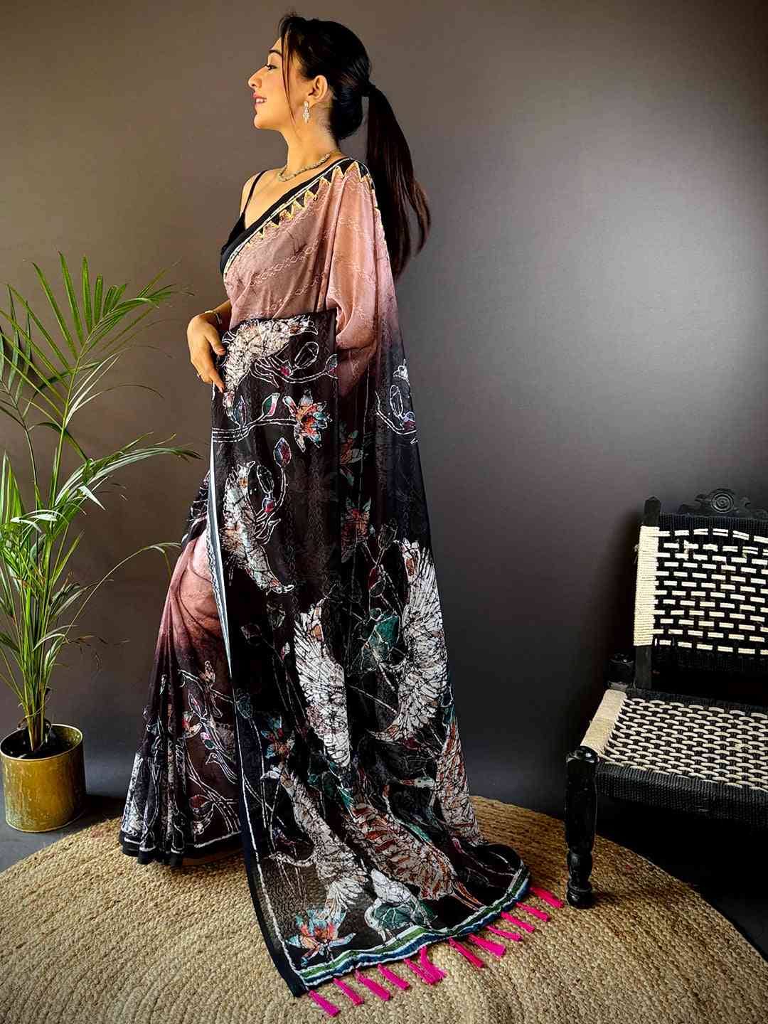 Pink Georgette Batik Printed Saree