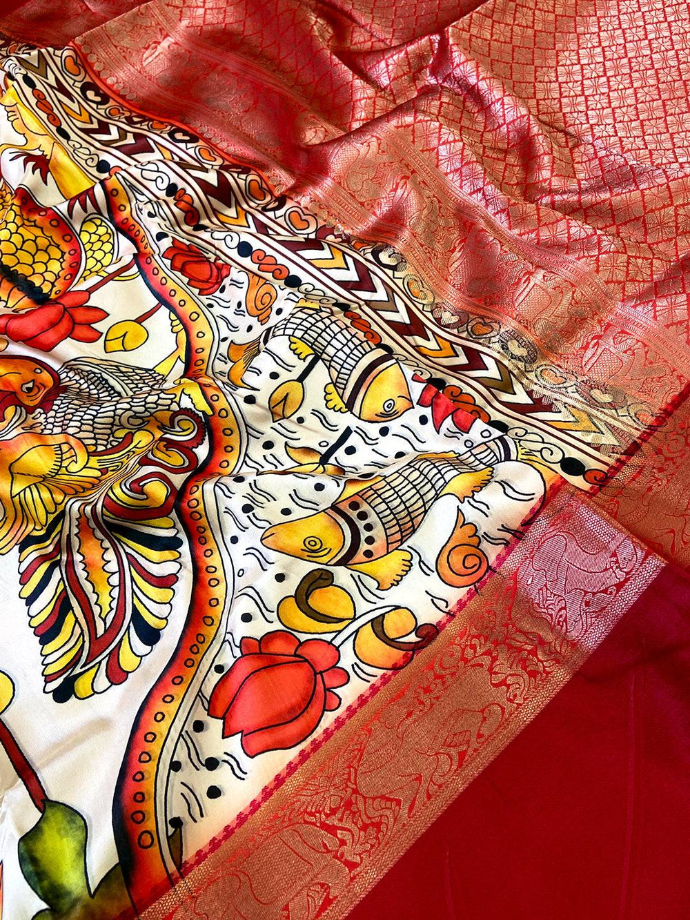 Graceful Cream Banarasi Silk Kalamkari Saree