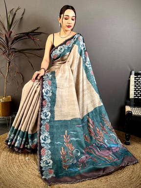 Ethnic Kalamkari Print Cutwork Border Saree