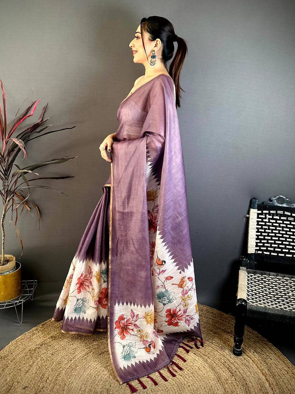 Purple Floral Ikat Linen Chanderi Saree