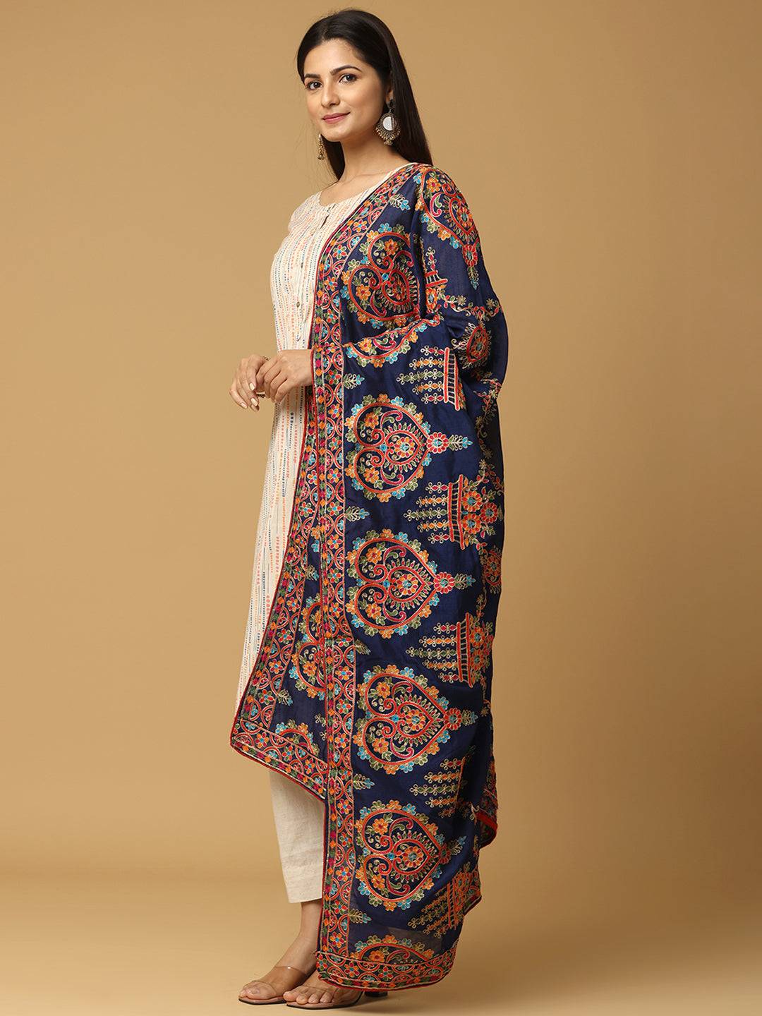 Side view of Navy Poly Chiffon Pashmina Dupatta