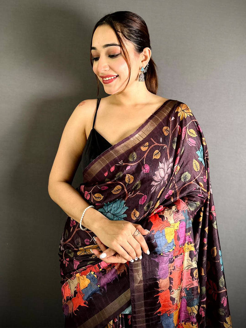 Radiance Ghicha Tussar Pen Kalamkari Saree