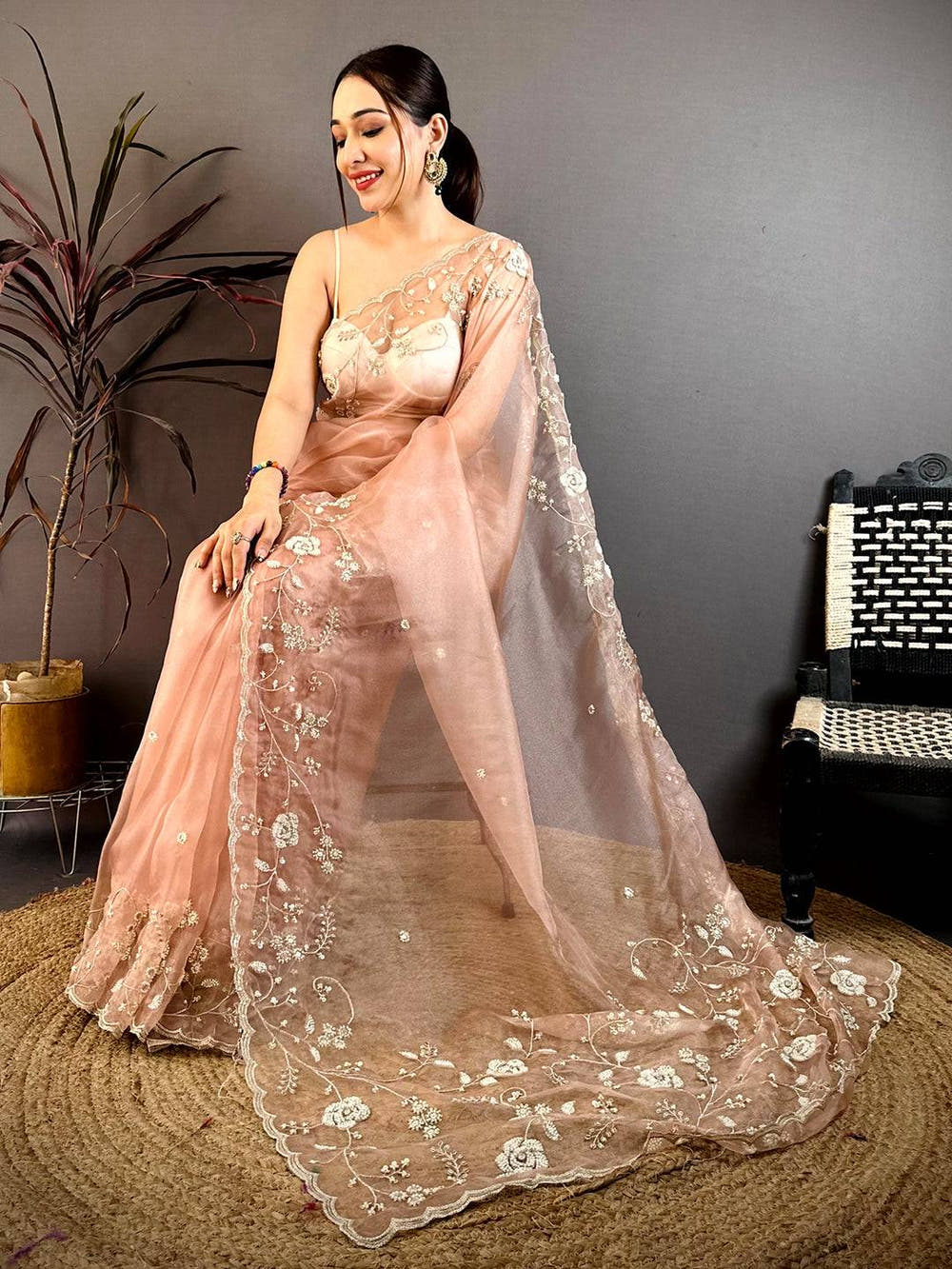 Artistic Pearl Embroidered Glass Organza Saree