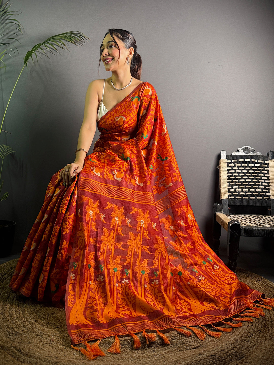 Maroon Colour Dhakai Jamdani Light Weight Cotton Silk Saree