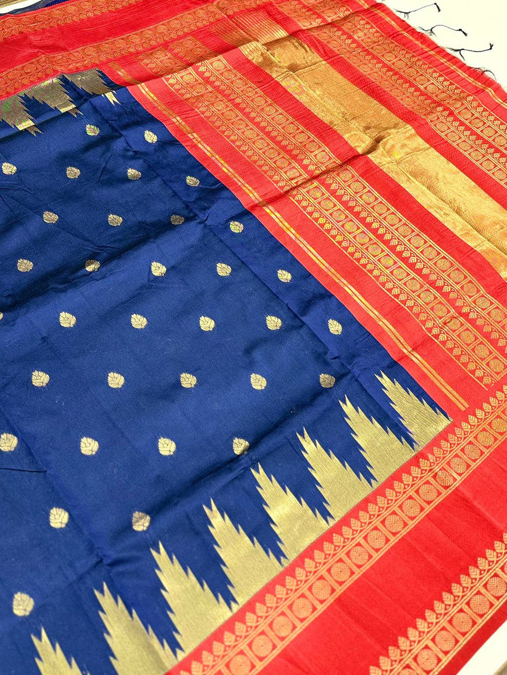 Navy Blue Rudraksha Temple Weave Katan Silk Saree