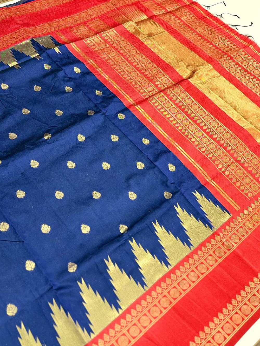 Navy Blue Rudraksha Temple Weave Katan Silk Saree
