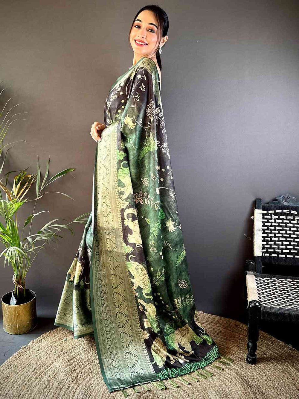 Green Soft Silk Animal Bandhej Saree