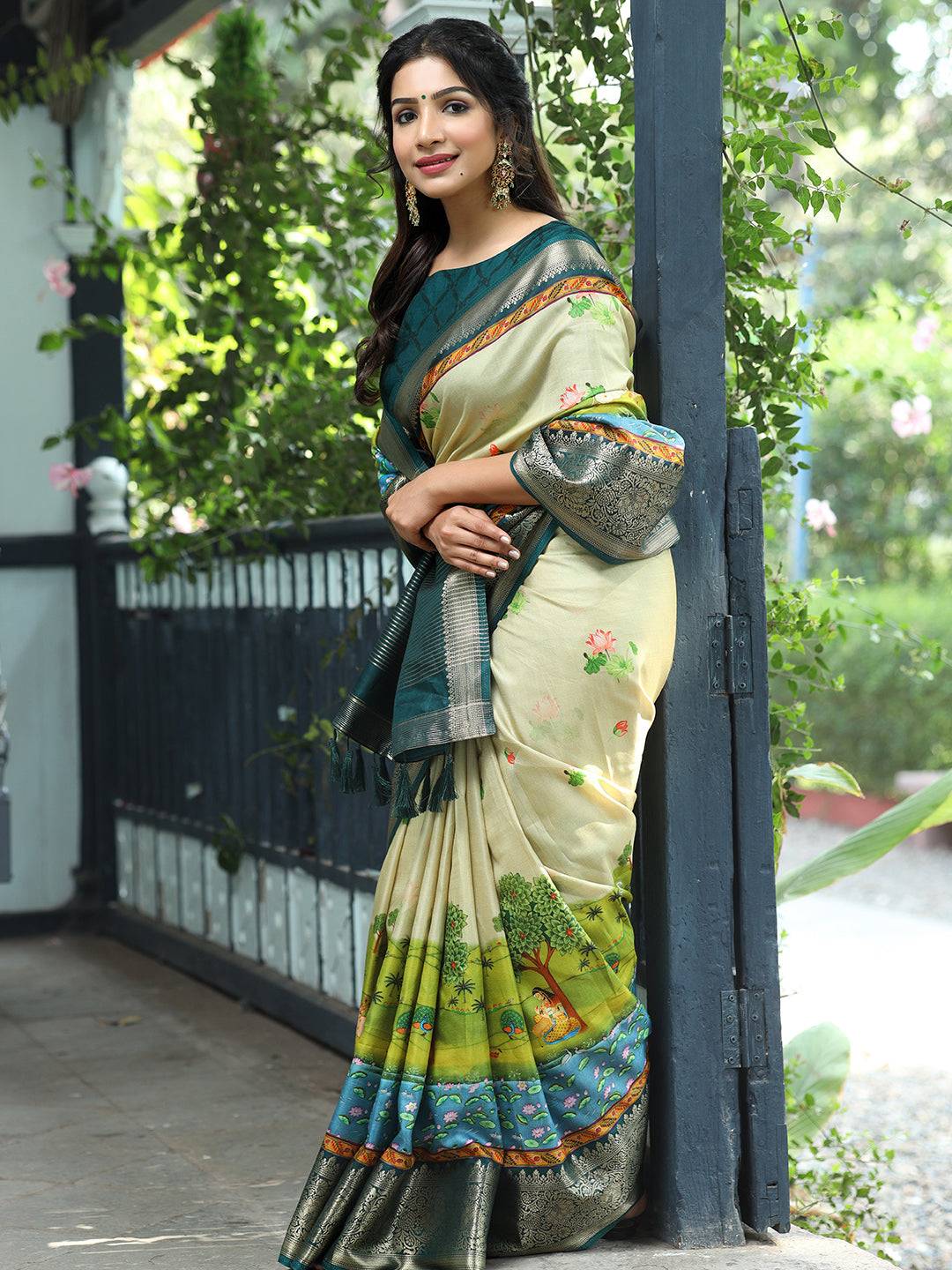 Pichwai Print Zari Weaving Pallu Saree In Pista Colour