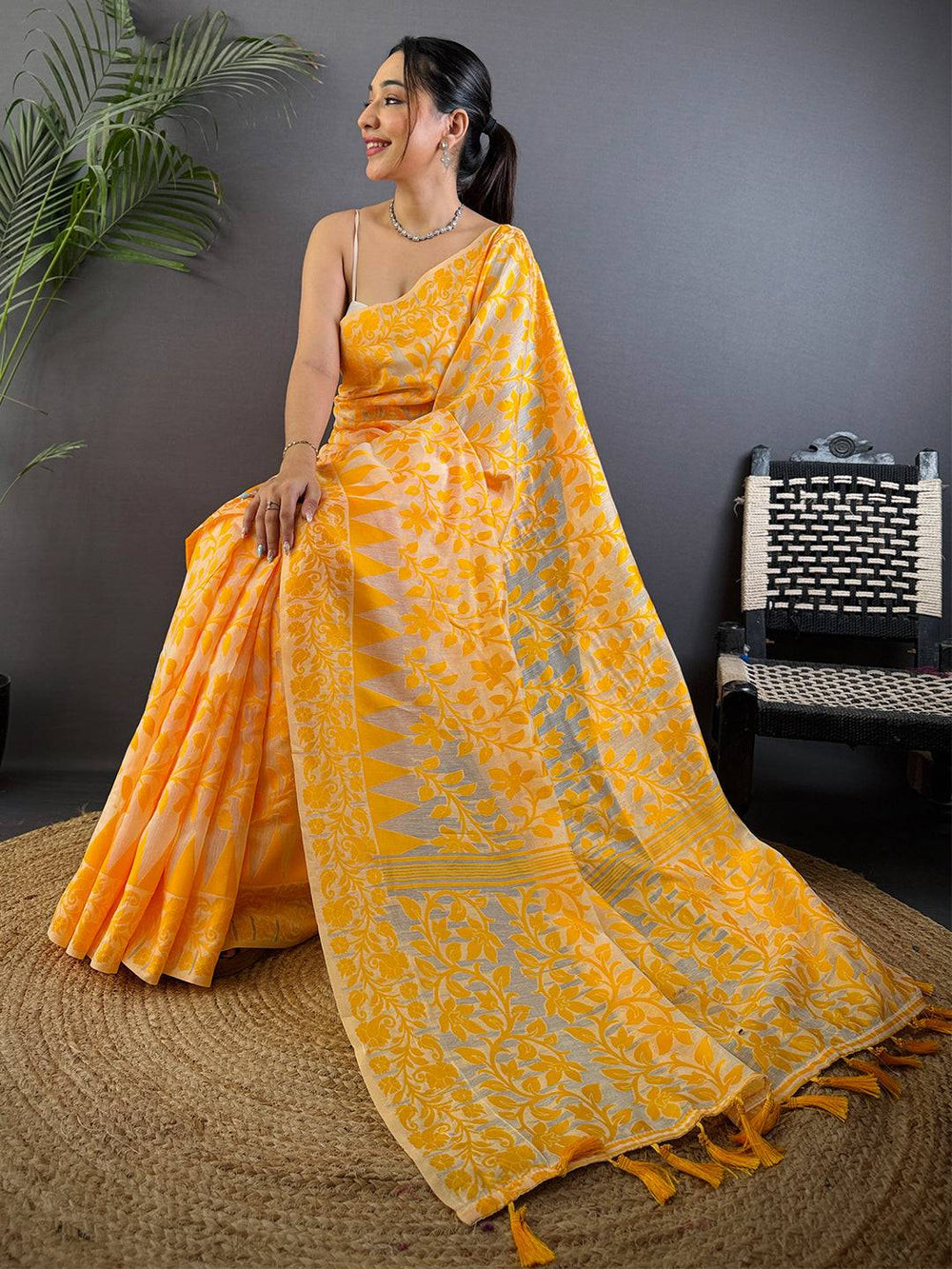Bright Yellow Soft Cotton Silk Jamdani Saree