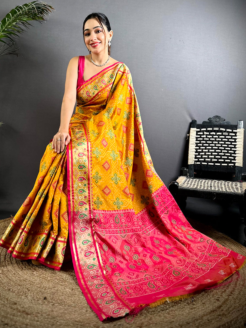 Yellow Soft Silk Saree With Patola Weaving