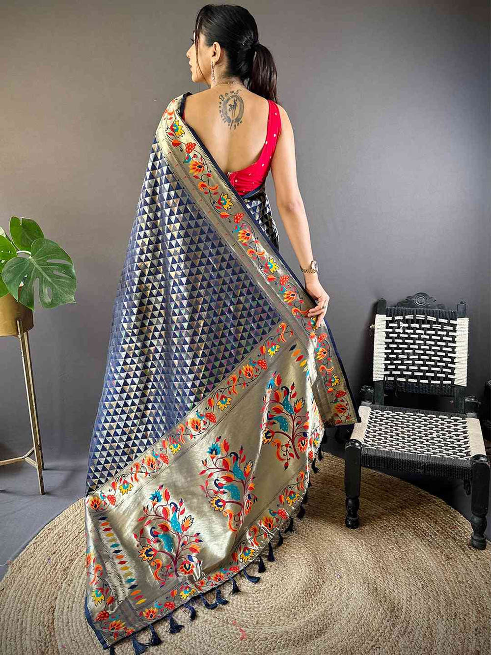 Navy Silk Blend Woven Zari Work Paithani Saree

