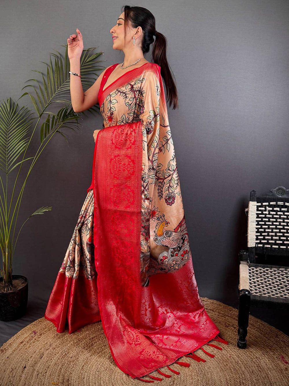 Peach Kalamkari Printed Soft Satin Saree
