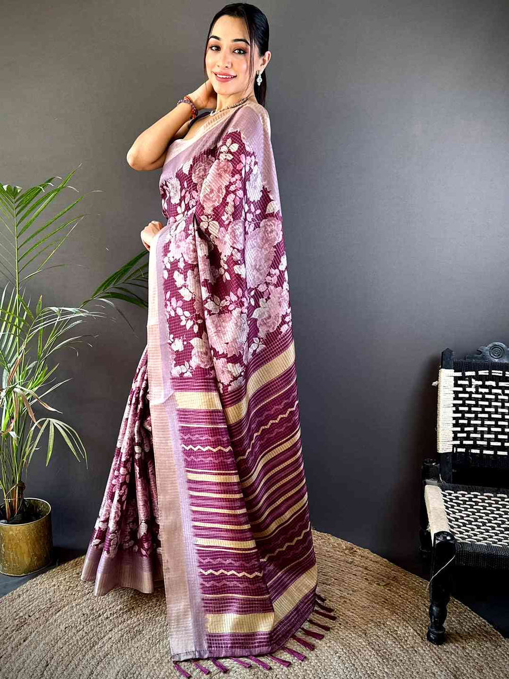 Wine Tussar Chex Floral Saree