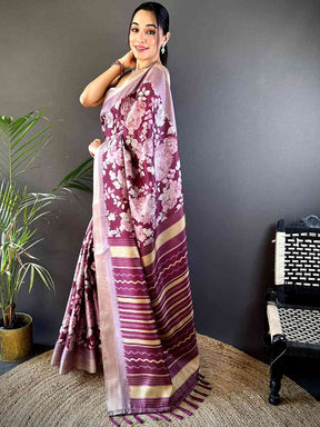 Wine Tussar Chex Floral Saree